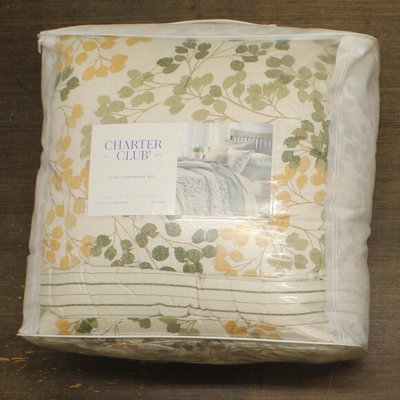 Charter Club Leaves Reversible 3-Piece Cotton Comforter Set Green Multi King - Picture 1 of 9